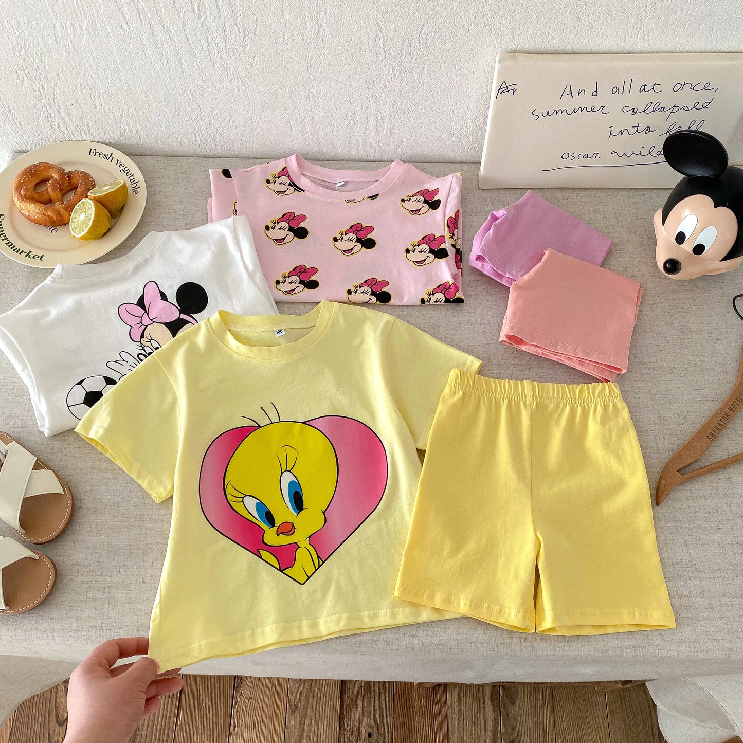 Kids Short Sleeve Shorts New Cartoon Print White Tshirt Tight Shorts 2025 Summer Girls Costume Outfits Child Thin Simple 2pcs