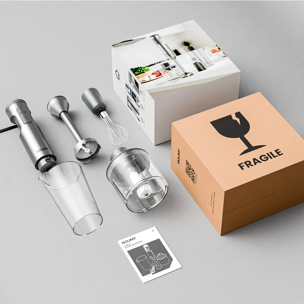 ROUNY 4-in-1 Hand Immersion Blender 1000W Powerful, Stainless Steel Stick Food Mixer,700ml Mixing Beaker,500ml Processor, Whisk