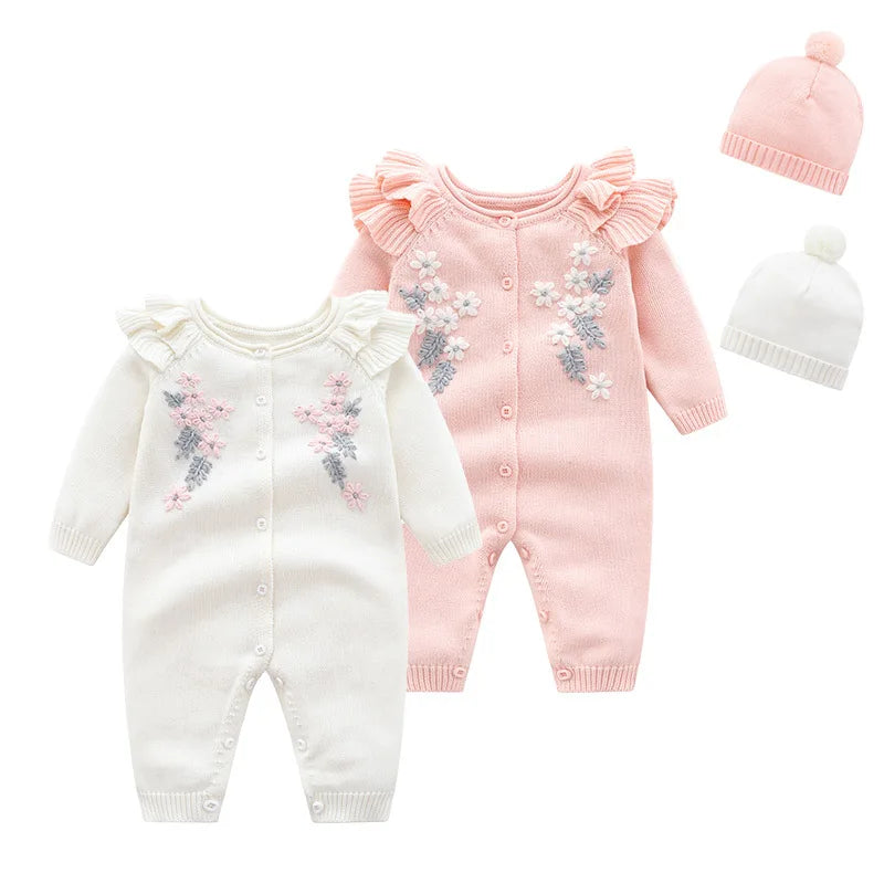 Autumn Winter Toddler Kids Clothes Set Warm Long Sleeve Flower Jumpsuit With Hat For Infant Baby Cute Romper Casual Homewear