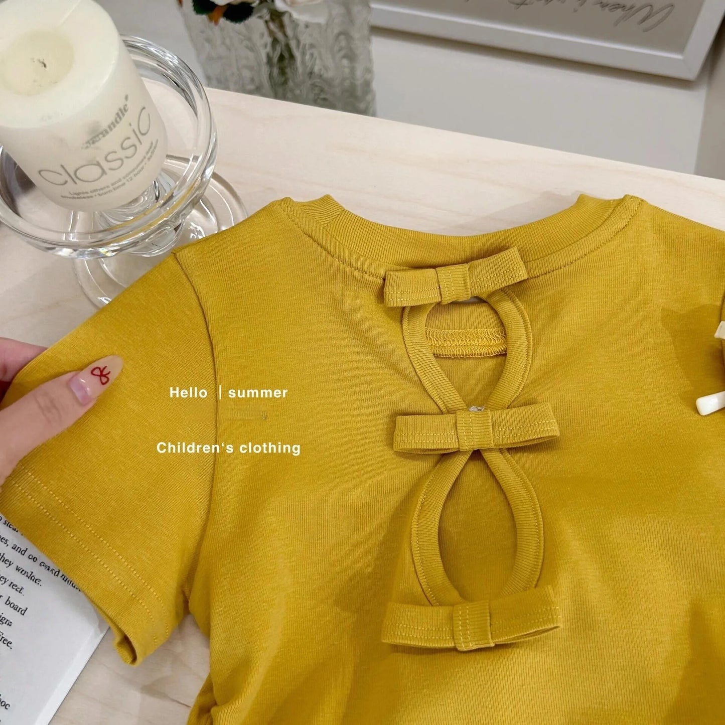 Girls' Summer Clothing New Style Kindergarten Baby Western Bow T-shirt Denim Short Skirt Two Piece Set Western Trendy