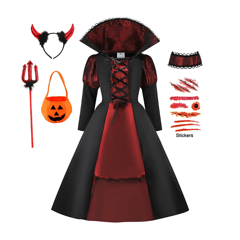 Halloween Fantasy Costumes for Kids Gothic Ghost Bride Red Vampire & Day of The Dead Cosplay Girls & Boys