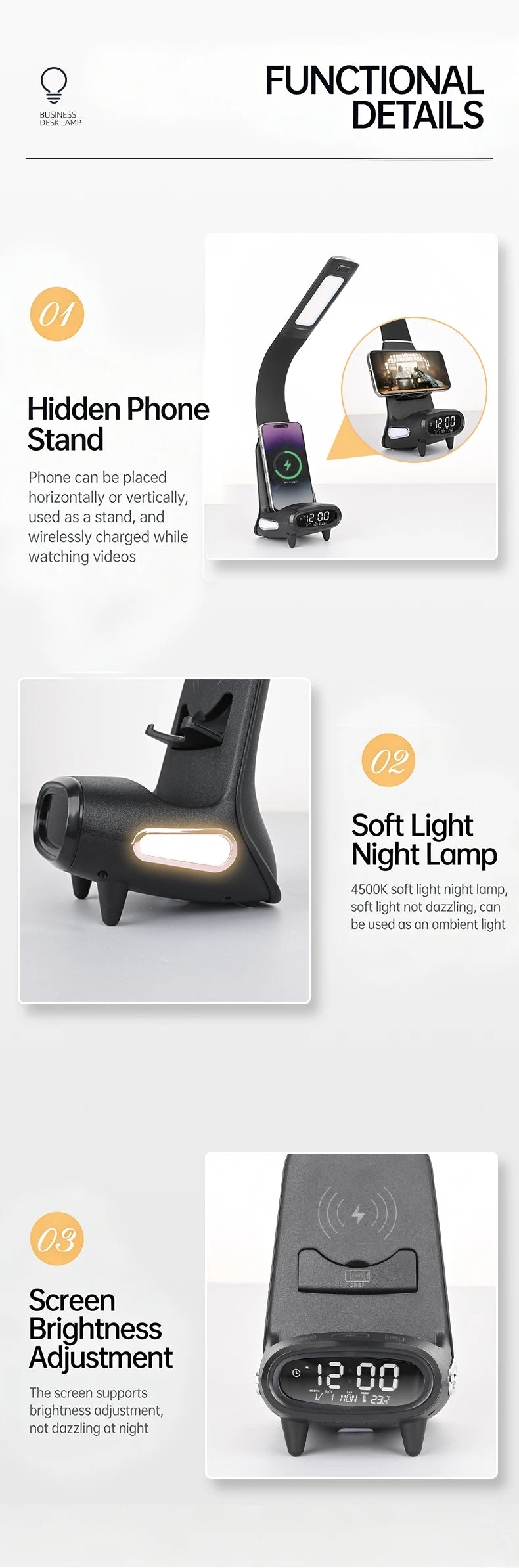 Multi-Function Eye-Protecting Reading Desk Lamp for Students 3000K-6000K Stepless Dimming 15W Wireless Fast Charging Study Light