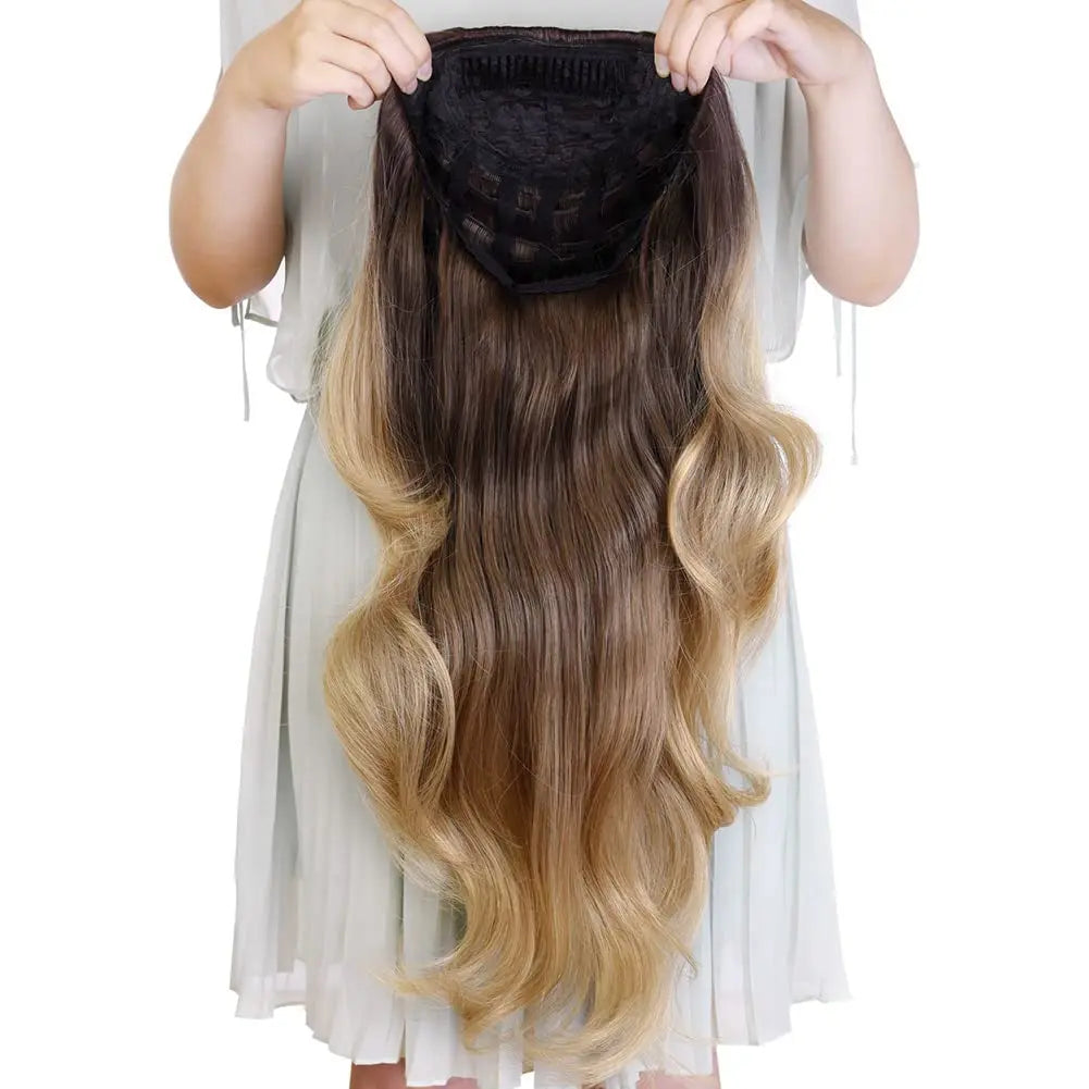 24 Inch Long Wavy Head Tied  3/4 Half Wigs With Clips In, Synthetic Fibers Hair Extension Wigs For Women