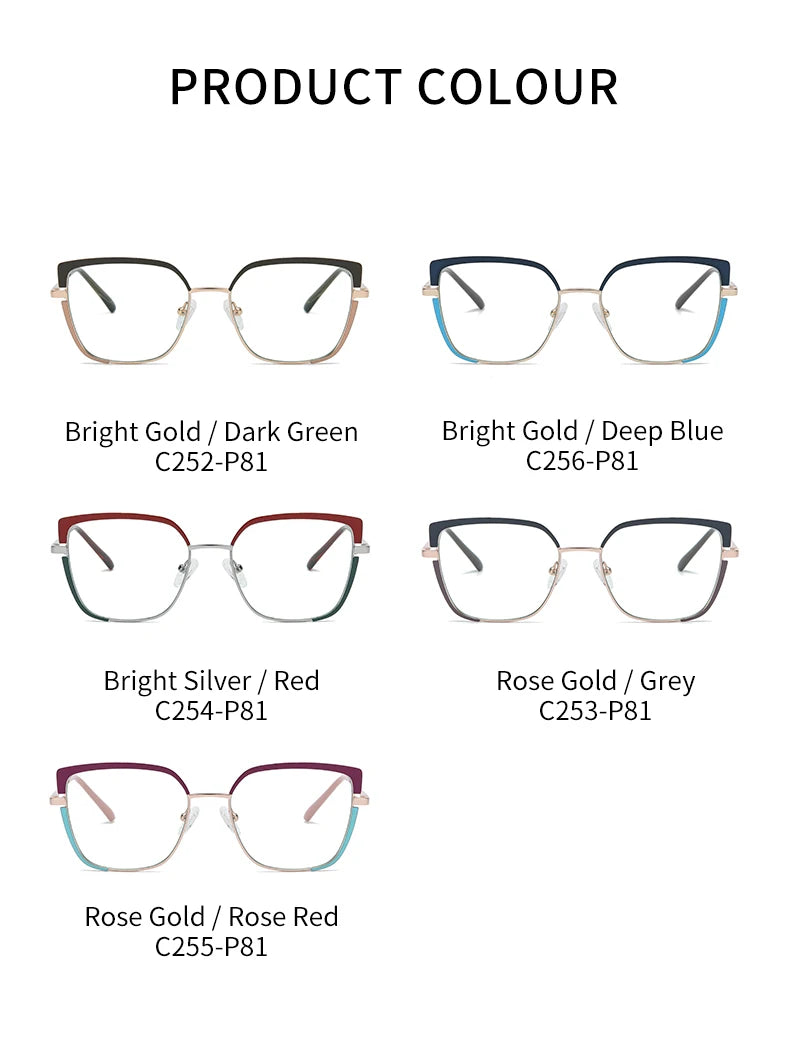 Fashionable anti-blue light glasses for women with a spring-legged metal frame in two colors; suitable for myopia.
