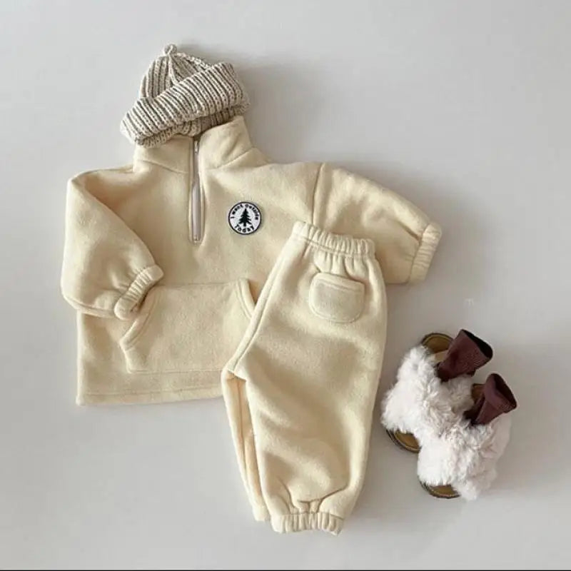 2025 Autumn Baby Boys Clothing Sets Children Thicken Plush Clothes Girls Solid Cotton High Collar Tops+ Pant 2 Pieces Suits