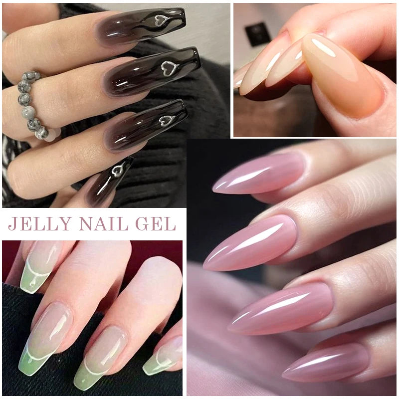 MTSSII 6Pcs/Set Jelly Gel Nail Polish Jelly Transparent Pink Green Black Blue UV Gel Nail Art Varnish Kit Spring Manicure Nails