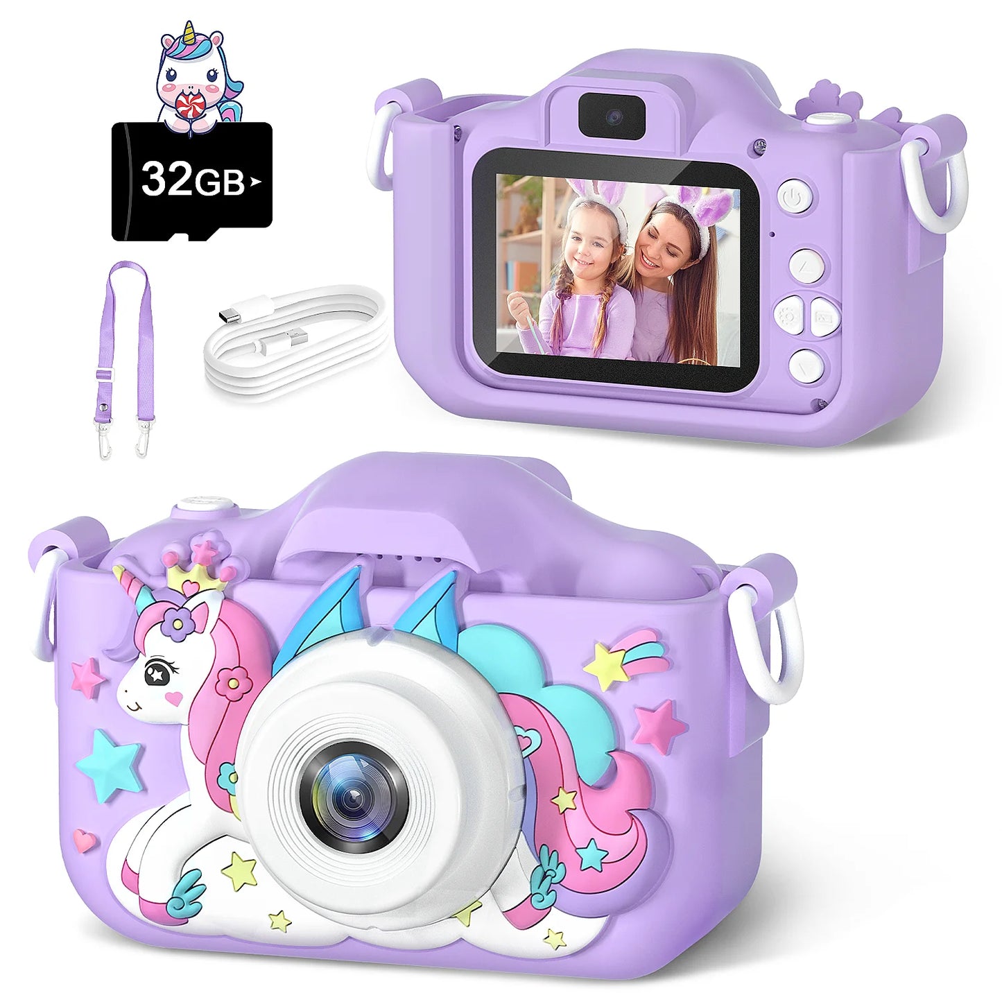 Cute Unicorn Kids Cameras Ages 7-12 Digital Children Camera Mini Toys 1080p HD Video Shooting For Birthday Gifts Baby Camera Toy