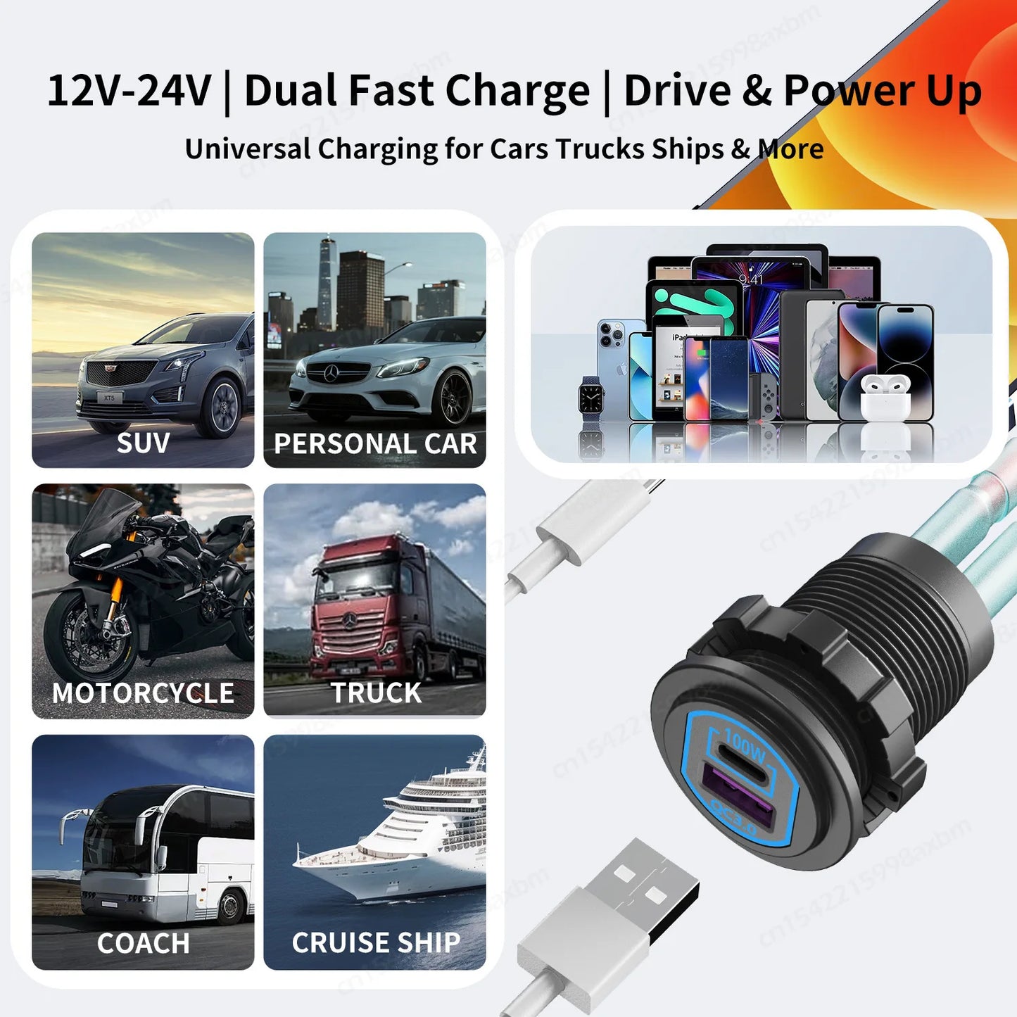 118W 12V USB Outlet Car Charger 100W PD3.0 & 18W QC3.0 Car USB Fast Charging Ports Aluminum Socket for Car RV Marine Golf Cart
