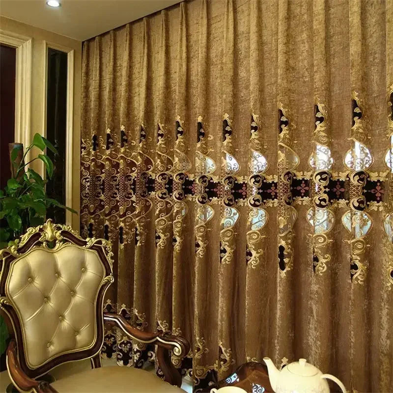 Embroidered Chenille Velvet Curtains for Living Room Bedroom European Modern Brown Gold Sheer Tulle Windows Backdrop Valance