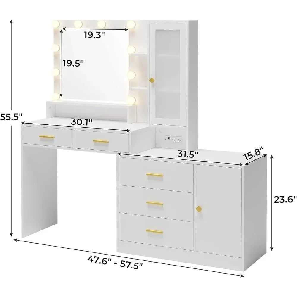 Vanity Desk, Makeup Vanity with Lights &amp; Charging Station and Ambient Light, Vanity Table with Dresser, Bedroom Furniture