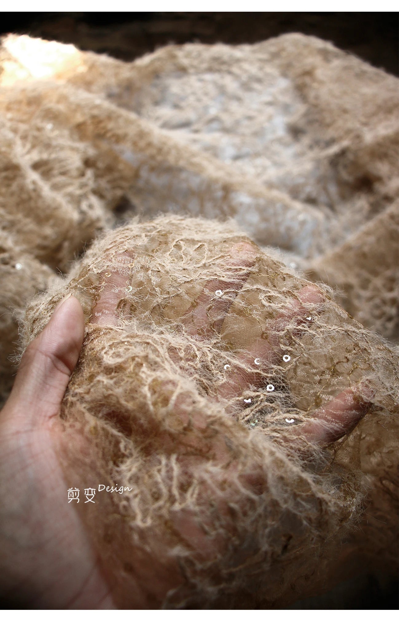 Vintage Brown Sheer Mesh Jacquard Fabric with Fringe Sequins Textured Hanfu Dress Coat Material Designer Clothing Luxury Fashion