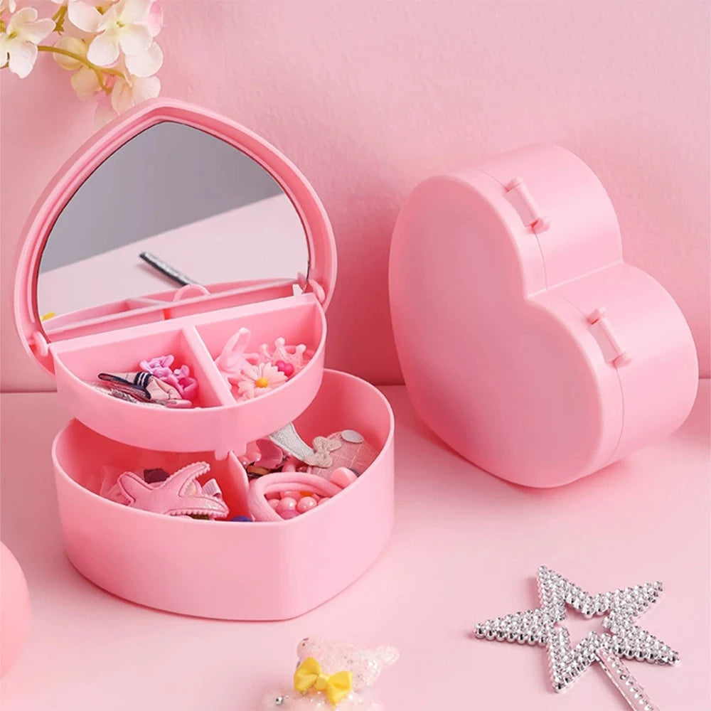 Hair Accessories Box Jewelry Storage With Mirror Pink Hair Clips Rubber Band Organiser For Girls Children Portable Travel Case