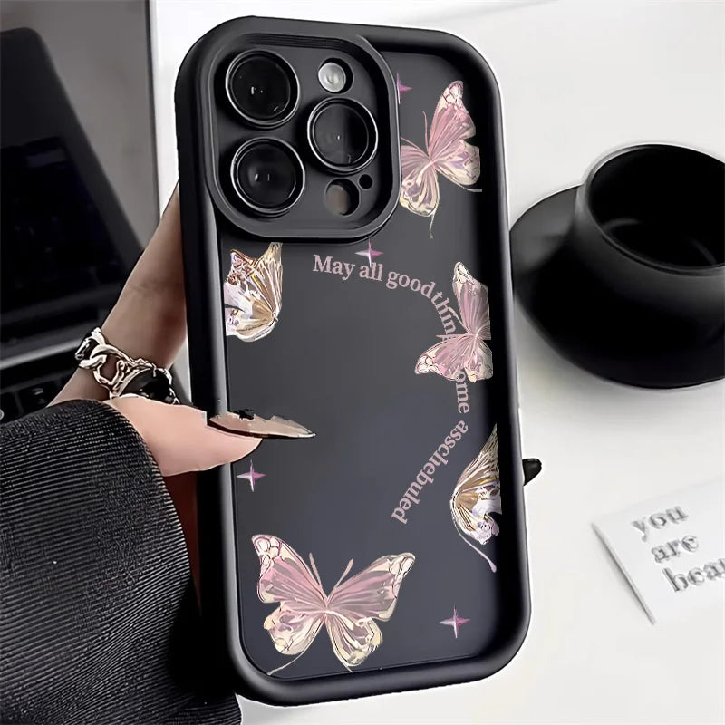 Black Butterfly Silicone Phone Case For iPhone 11 13 14 12 15 17 16 Pro Max XR XS X 7 8 Plus SE 2020 2022 Candy Color Soft Cover