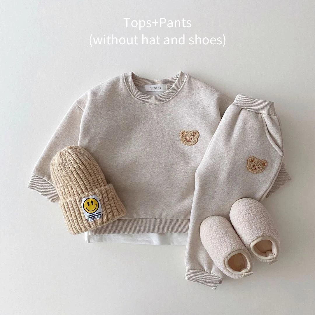 Korean Kids Bear Embroidery Fleece Pullover Set 1-5yrs Sweatshirt Tops+Harem Jogger Pants Suits 2pcs Girls Fleece Lined Clothes