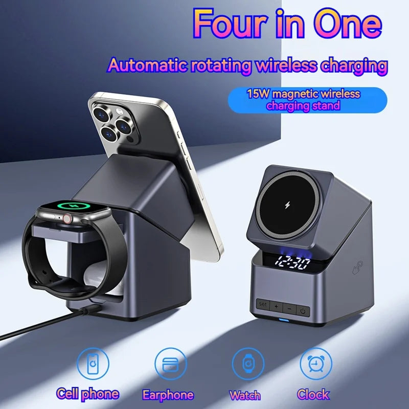 4in1 Electric Rotating Magnetic 15W Wireless Charger Time Display Touch Rotation for  iPhone Watch AirPods Ideal Charging Stand