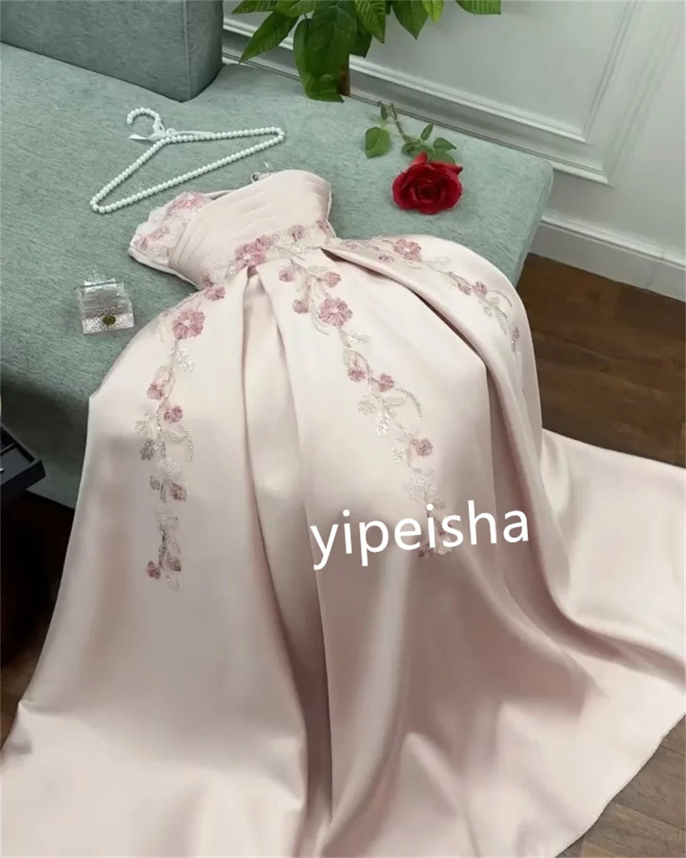 Customized Satin Sequined Applique A-line Strapless Midi Dresses Prom Dresses Modern Style Pastrol Chinese Style Fashion Sexy