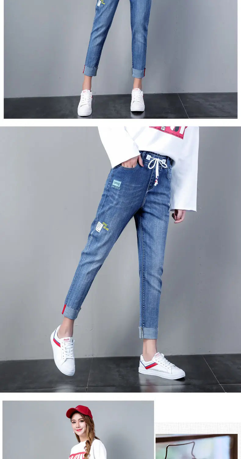 Denim Pants Korean 2024 New Spring And Summer Loose Elastic High Waist Elastic Slim Students Nine Plus Size Harlan Jeans