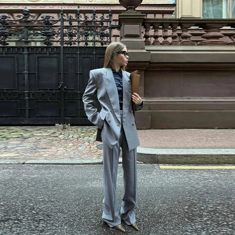 Elegant Blazer Coat Pants Set Women 2026 Lapel Double Breasted Jacket Straight Trousers Female Sets Spring Chic Lady Suit