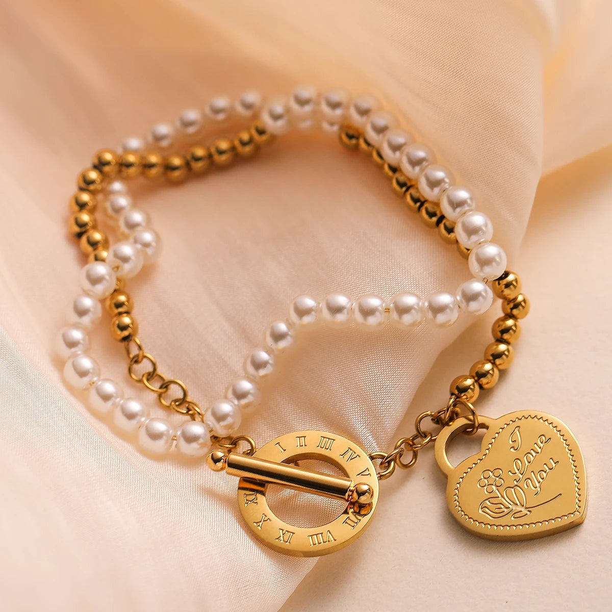 NEWBUY High Quality Non-Fading Stainless Steel Jewelry Silver/Gold Color Pearl Beads Double Layers Bracelets For Women