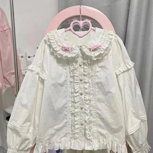 Spring Blouse Women Japanese Kawaii Cute Lace Patchwork Peter Pan Collar Shirt Vintage Sweet Embroidery Top Blusas