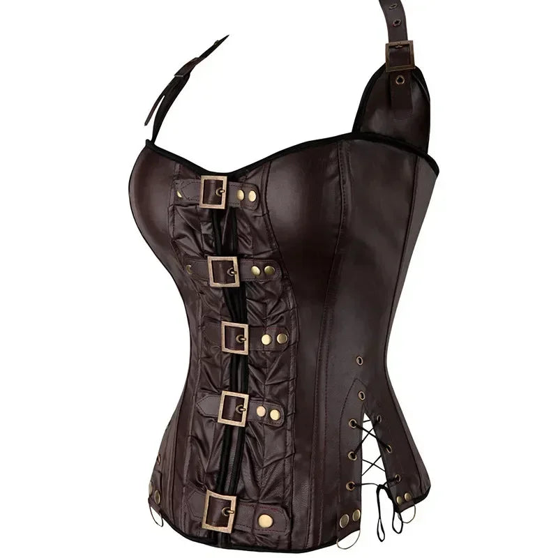 Steampunk Corsets And Bustiers Halter Plus Size Corset Pu Leather Gothic Punk Corselet Zipper Basque Sexy Korsett