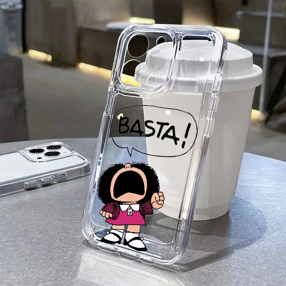Cartoon Bow Mafaldas Phone Case For iPhone 17 16 16e 15 14 13 12 11 Mini Pro Max X XR XSMax 7 8 Air Plus Transparent Back Cover