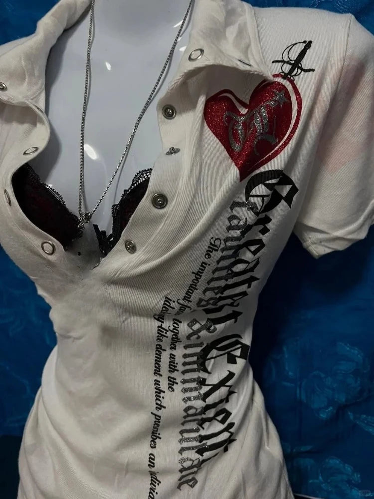 Japanese Letter Printing Vintage Tops Y2k Aesthetic Turn Down Collar Punk Tshirts Women Grunge Harajuku Casual Slim Fit Tees