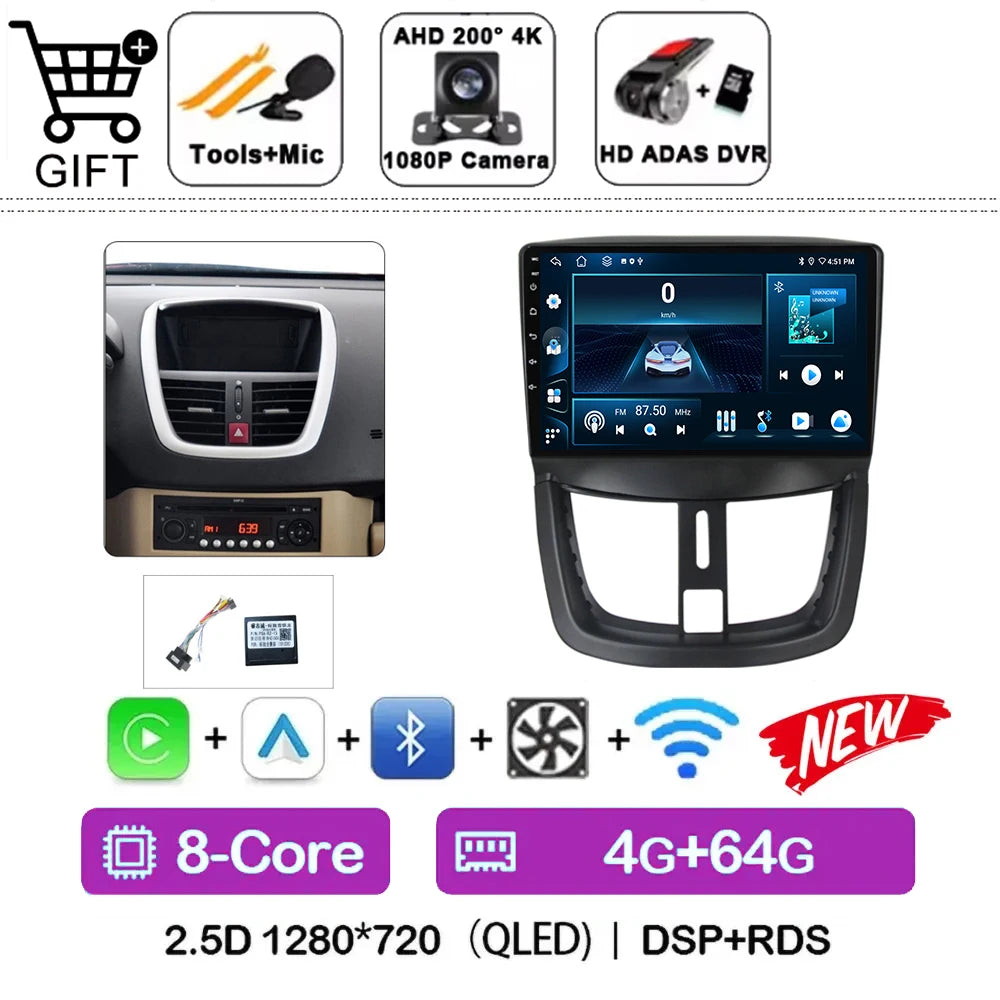 Car Radio For Peugeot 207 2006 - 2015 Multimedia Video Player Navigation Stereo GPS Android 14 wireless Carplay DSP RDS 5G WIFI