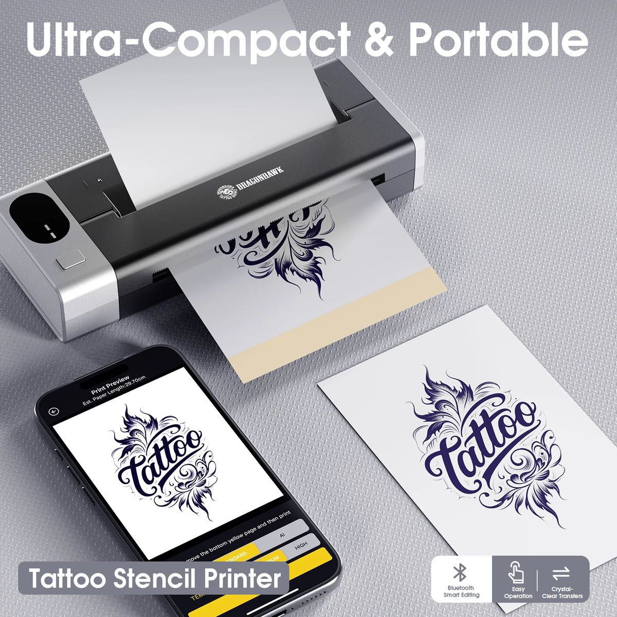 Dragonhawk Tattoo Kit Full Set with Bluetooth Thermal Tattoo Transfer Printer Wireless RCA Battery Rotary Pen for Beginners