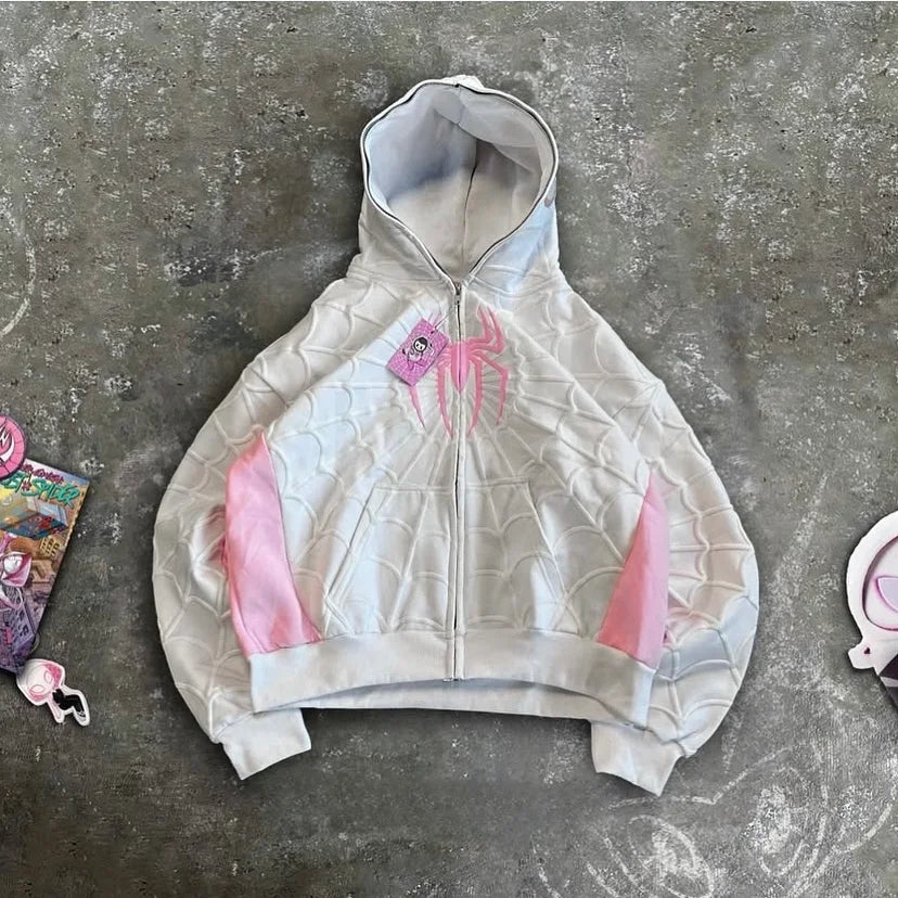American Spider Vintage Zip Up Hoodie Y2K Clothes Mens Womens Spider Graphic Oversized Hoodies Sweatshirts Casual Jackets