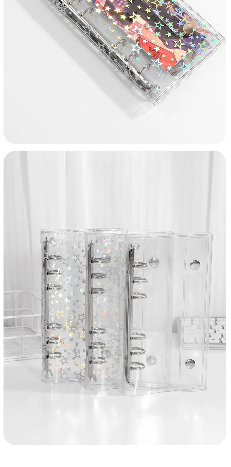 A6 6-Hole Narrow Half Laser Full Sky Star PVC Double Buckle Flip Cover Three Fold Loose Leaf Notebook Detachable Cover