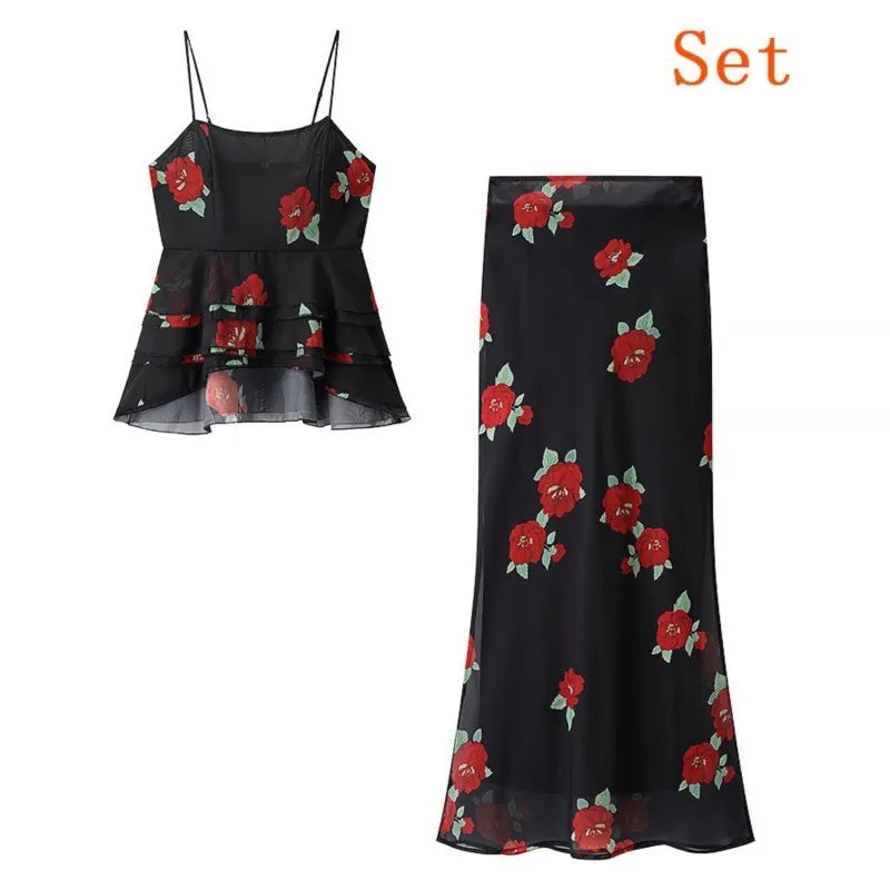 Summer 2-piece Suit Print Flower Mesh Slit Hip-covering Skirt Halter Top Suit Women's Fashion Causal Woman 2 Piece Set Outfit