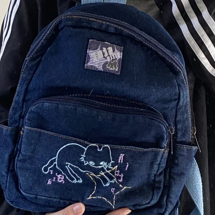 Fashion Small Denim Backpack Kawaii Cat School Bag Mini Cute Schoolbag Deep Blue Backpacks Aesthetic Japanese Preppy Book Bags