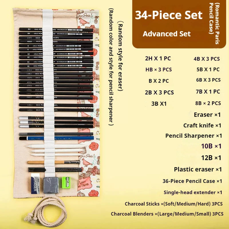 Sketching Pen Set Drawing Kit Student Portable Pen Curtain Charcoal Pencil Sketch Pencil Charcoal Stick Sharpener Eraser Set Box