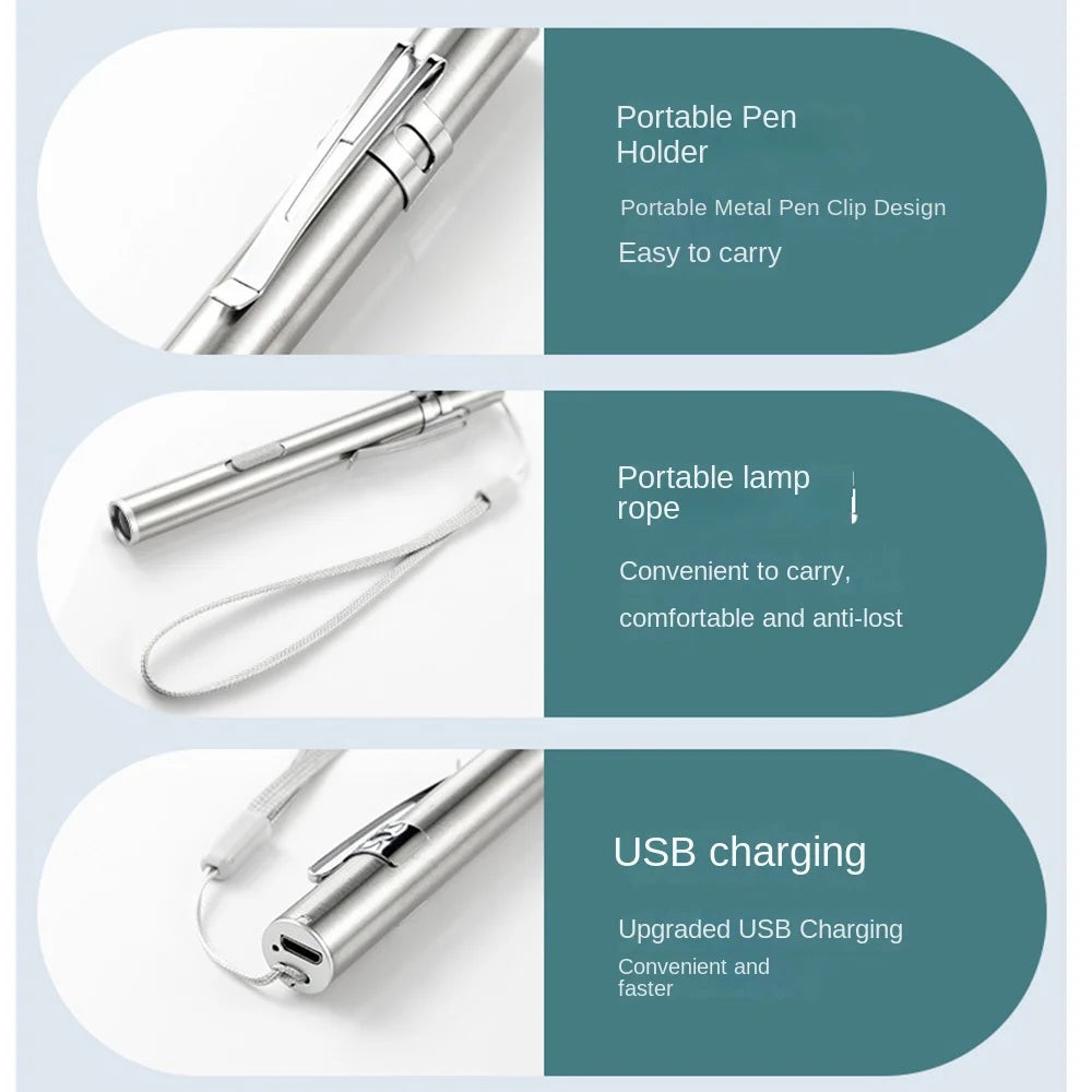 Stainless Steel Doctors Pen Light Yellow/ White Light with Steel Clip Nurse Pocket Flashlight Portable Water-proof