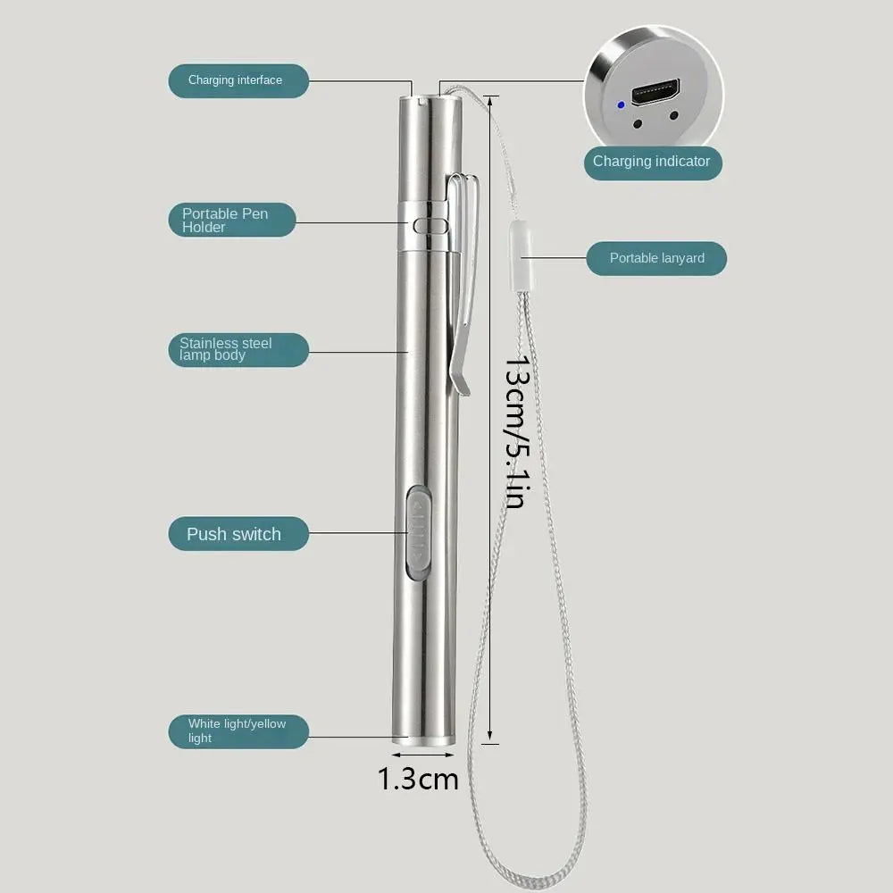Stainless Steel Doctors Pen Light Yellow/ White Light with Steel Clip Nurse Pocket Flashlight Portable Water-proof