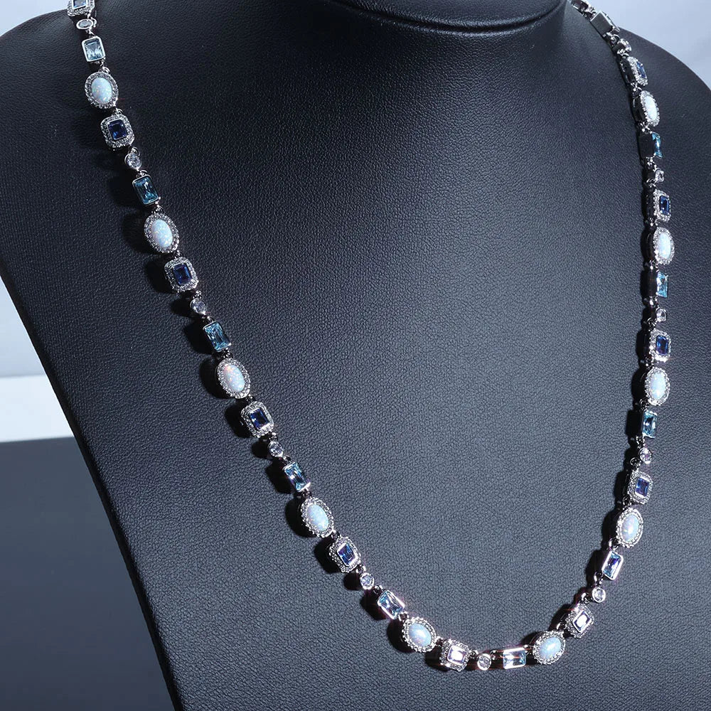 ESKEEM 6mm Geometric Gemstone Motif Iced Out Blue Chain Multicolor CZ Stones White Gold Plated Diamond Necklace Hip Hop Jewelry