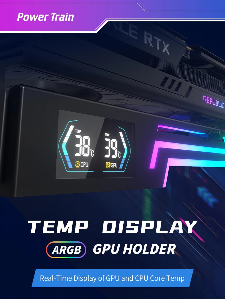 Power Train Z-X6 Graphics Card Bracket Temperature Display 5V 3PIN ARGB AURA SYNC Graphics Card VGA Holder Height Adjustable