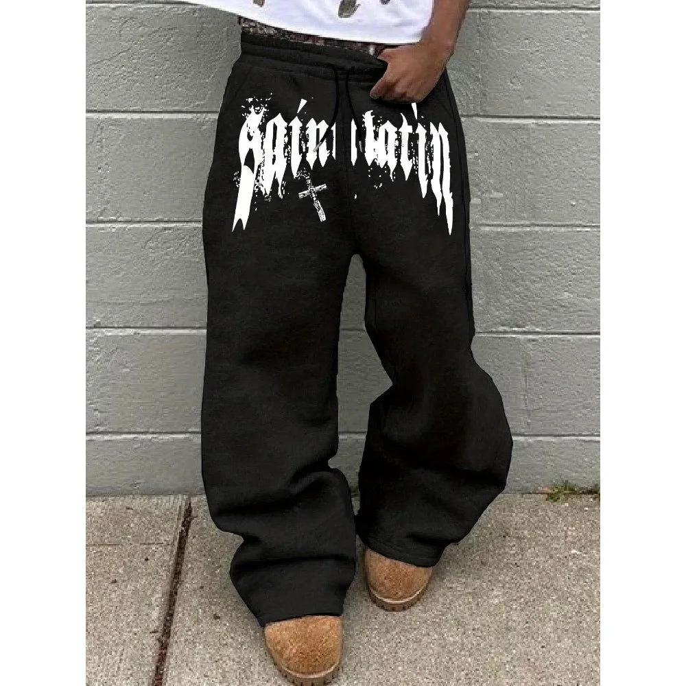 Men's Black Wide Leg Pants, French Graffiti  and Cross Print, Hip Hop Fashion Streetwear Trousers, Oversized Casual Joggers 2025