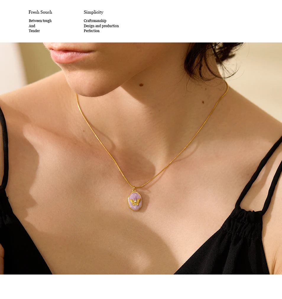 Yhpup Pink Enamel Butterfly Gilding Geometric Pendant Stainless Steel Collar Fashion Necklace for Women Korean Chic Jewelry Gift