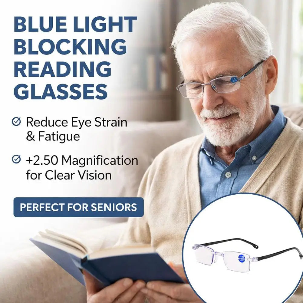 1 Pair New Men Women Rimless Reading Glasses Anti Blue Light Bifocal Far Near Magnification Eyewear Presbyopic Glasses +150 +200
