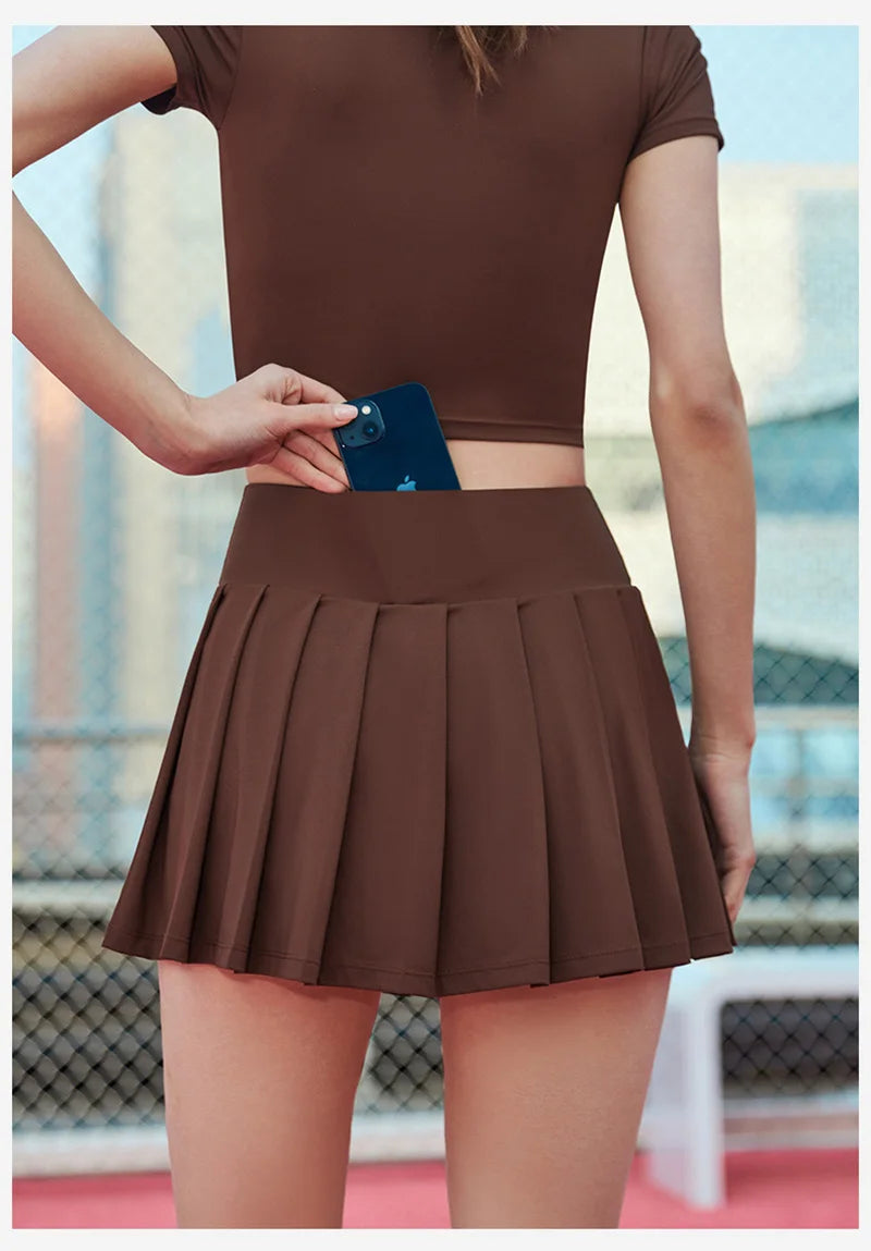 Tennis Fitness Sports Badminton Skirt Golf Wear For Women Solid Dance Pleated Skirt WIth Shorts Pocket Athletic Skort White New