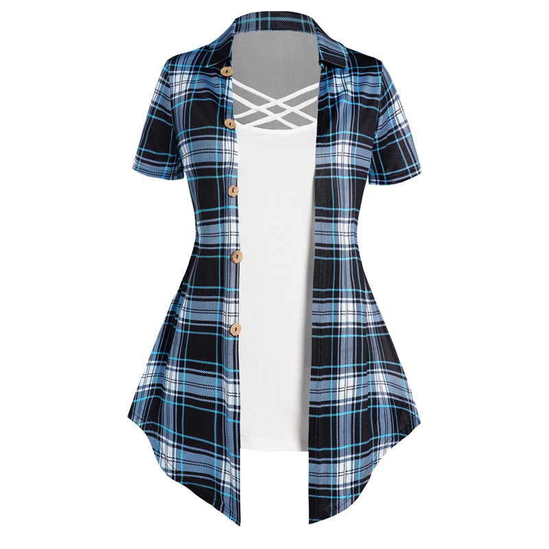Vintage Plaid Print Crisscross Pointed Hem Faux Twinset T Shirt Women Fashion Casual Retro Combo Twofer 2 In 1 Tees