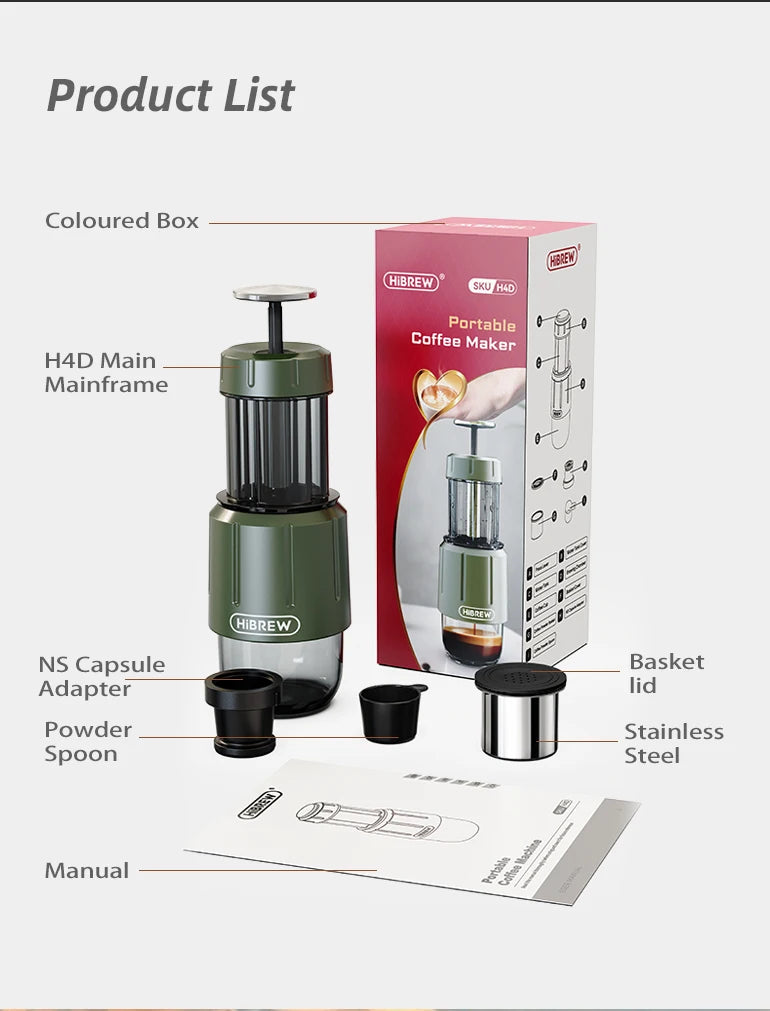 HiBREW 2 in 1 Portable Coffee Machine Hot/Cold Water Manual Espresso Maker For Capsule & Ground Hand Press Brewer H4D