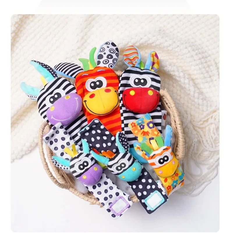 Baby Rattles Socks Toys 0 12 Months Newborn Infant Cartoon Plush Socks Wrist Strap Foot Finder and Wrist Rattles Toys for Babies