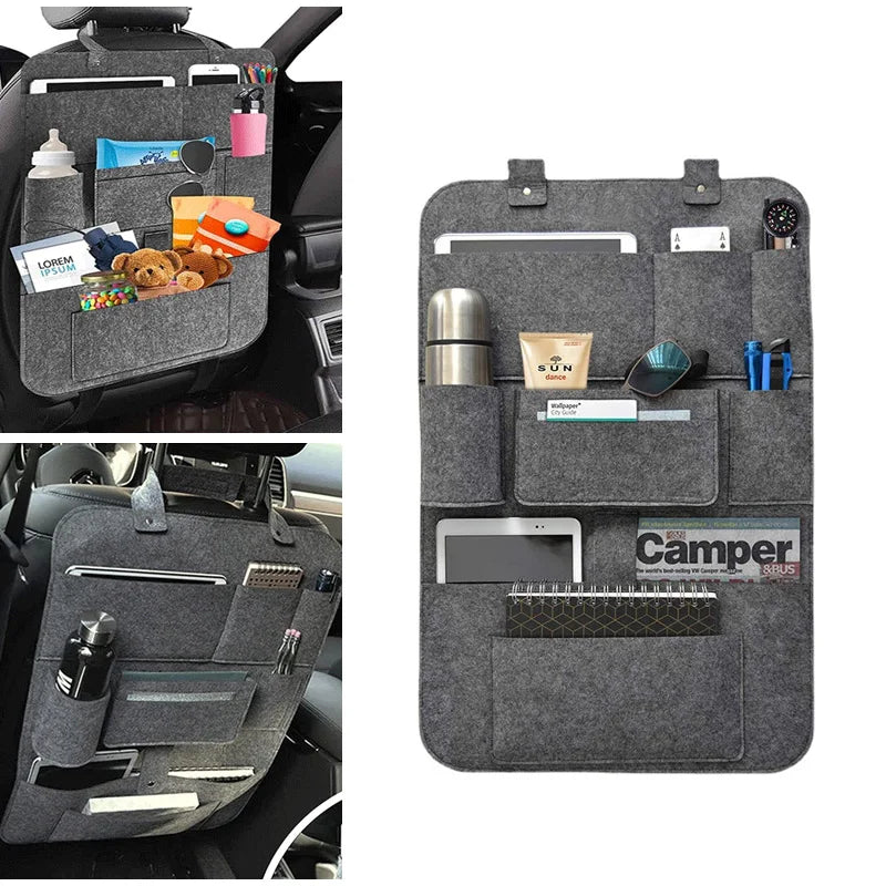 Car Back Seat Hanging Felt Storage Bag Multi-pocket Phone Ipad Water Cup Tissue Magazine Storage Bag Anti-kick Pad Car Organizer
