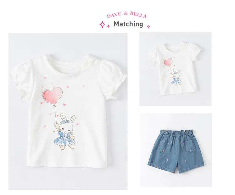 Dave Bella Baby Girl White T-shirts Cartoon Printed Girls Tees Children Tops Puff Sleeves Kids Clothes DB2221905