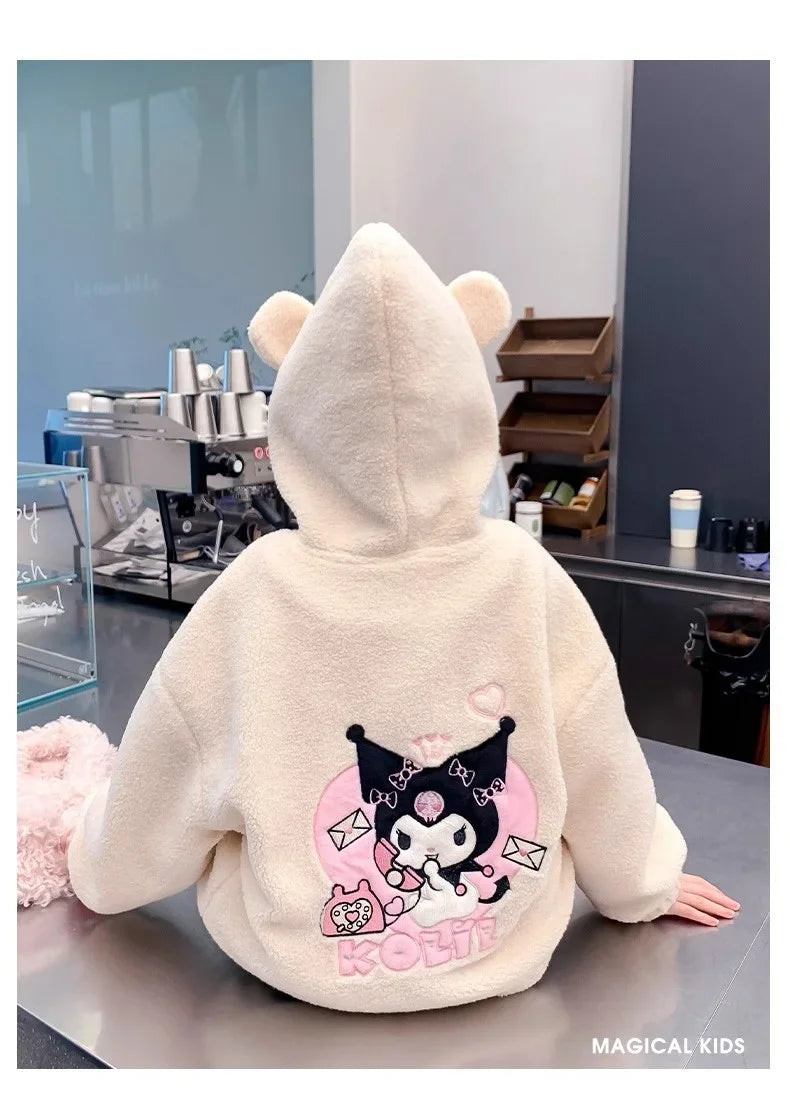 Winter 2025 New Cartoon Sanrio Kuromi Girls' Velvet Jacket Plus Velvet Children'S Polar Fleece Hooded Clothes Girls Winter Cloth