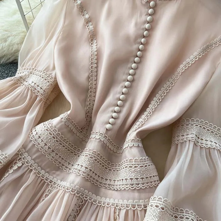 Luxury Vintage Women's Lace patchwork dress 2025 Spring Beach Long puff sleeve mini dresses White Black Lady vestidos 4D145