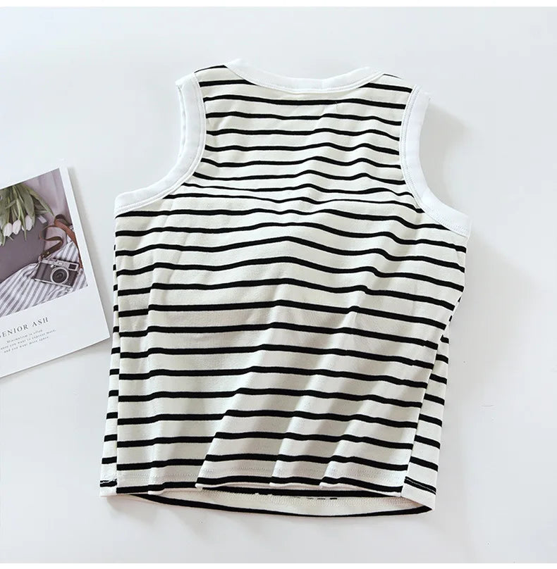 One Piece Pajamas Tops For Women New Fashion Striped Sleeveless Summer Sleepwear Shirt Slim Cotton Chest Pad Sleep T-Shirts